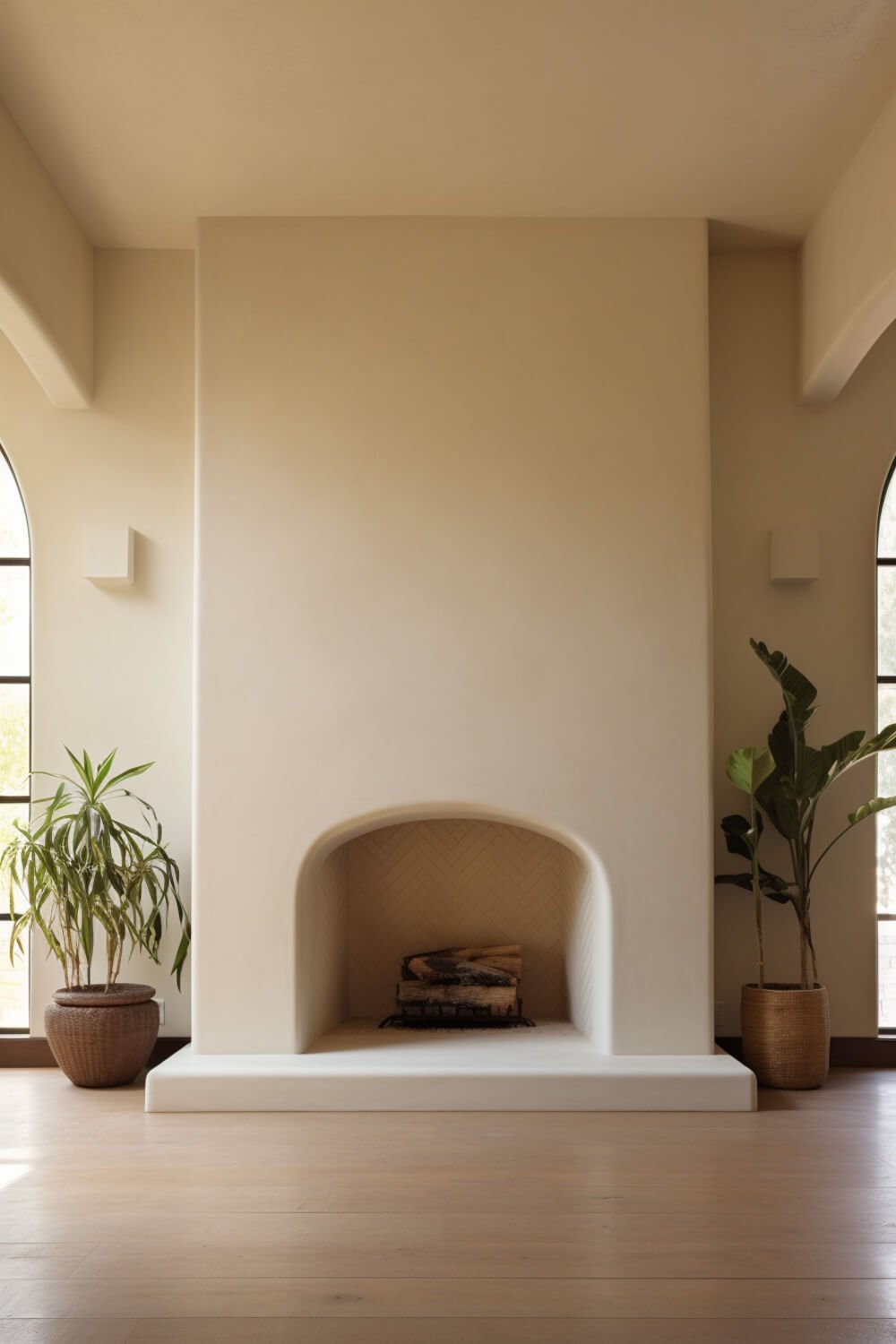 narrow plaster or stucco finish fireplace with herringbone tile