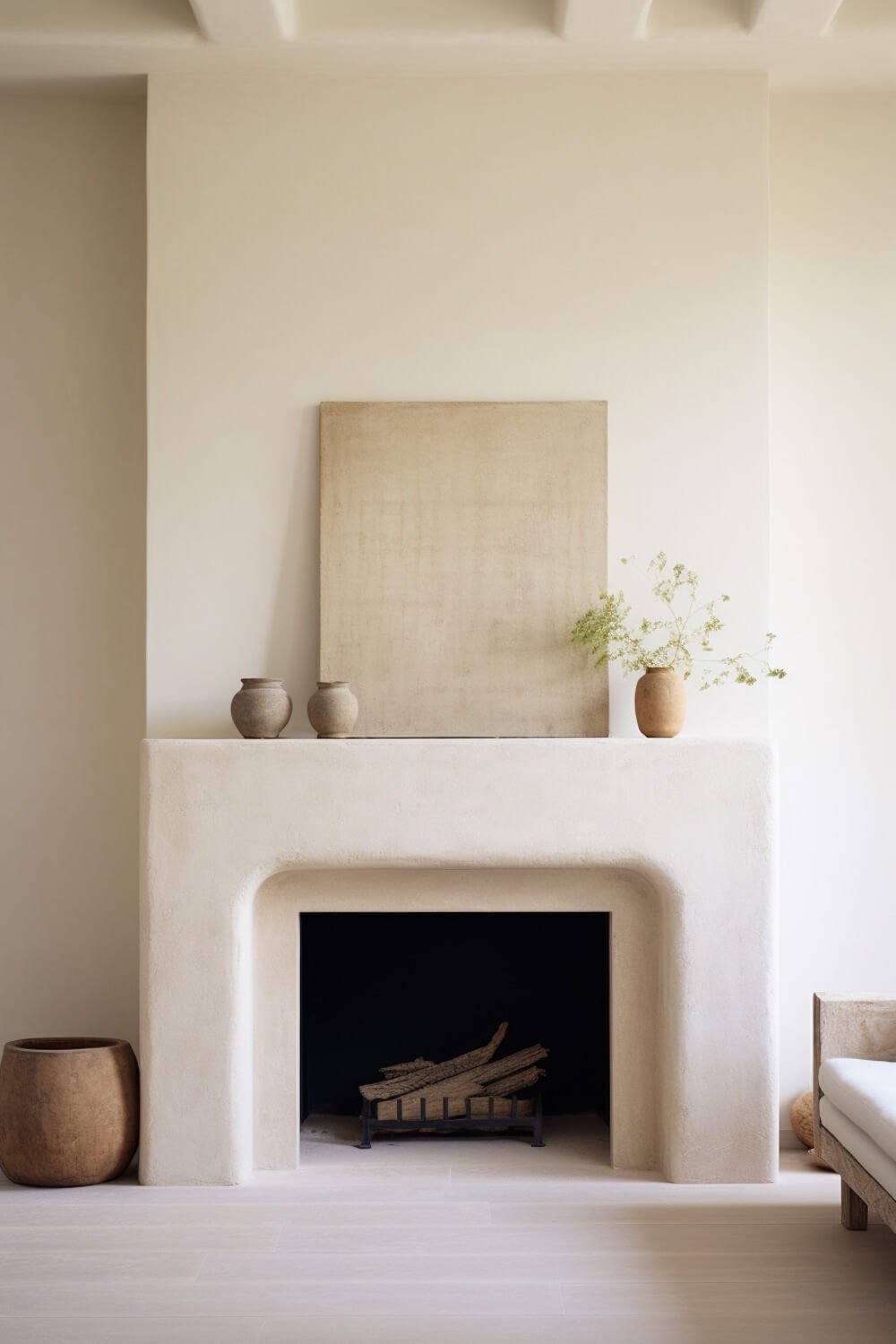 minimalist plaster fireplace with mantel and rounded corners, stucco finish