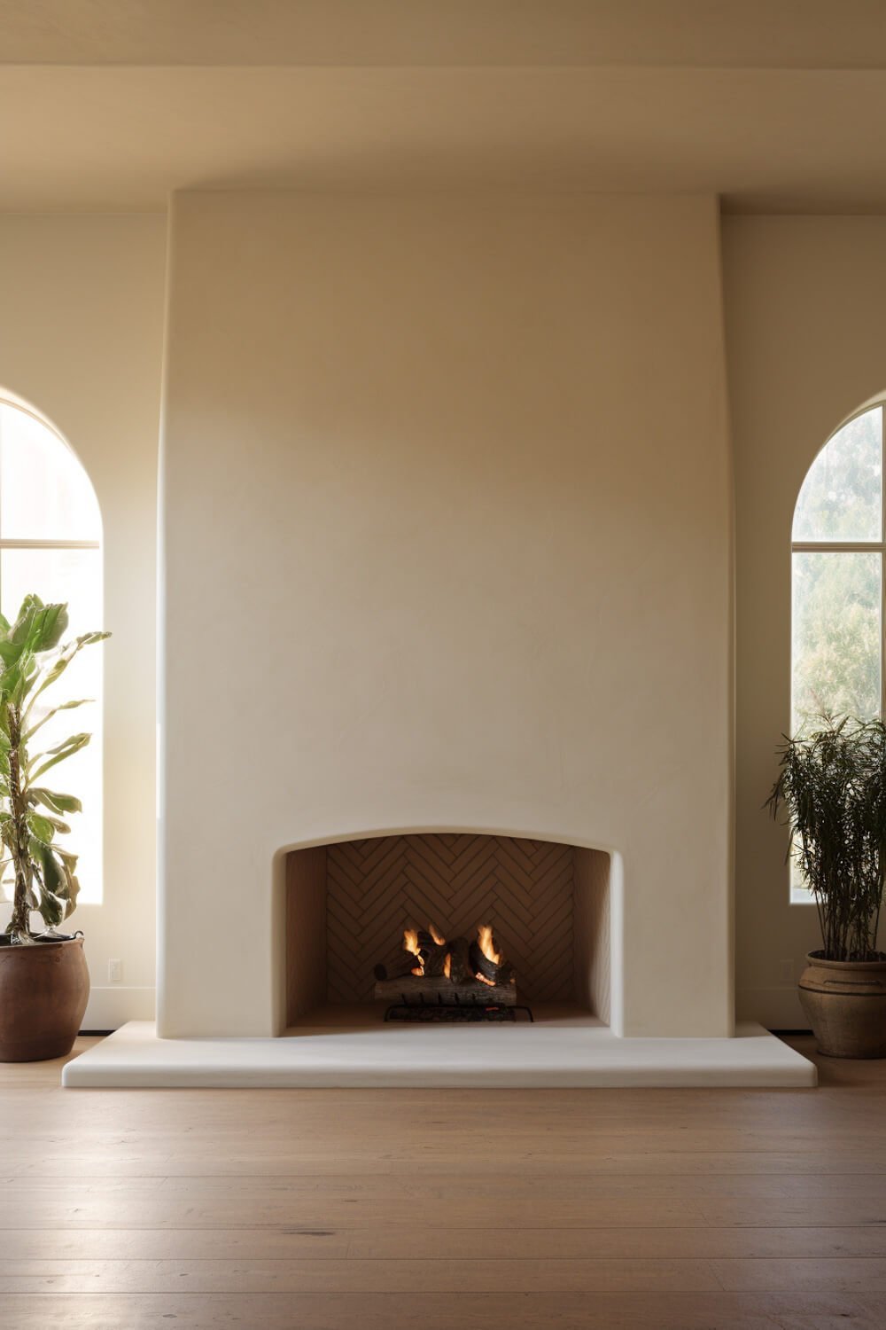 simple fireplace with stuccoed plaster surround and no mantel, with fire burning and wood floors