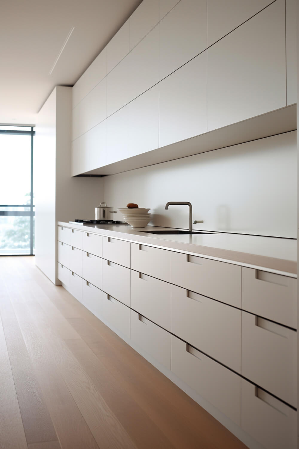 white kitchen cabinets and drawers without handles, natural wood floors, marble or quartz countertops, modern style