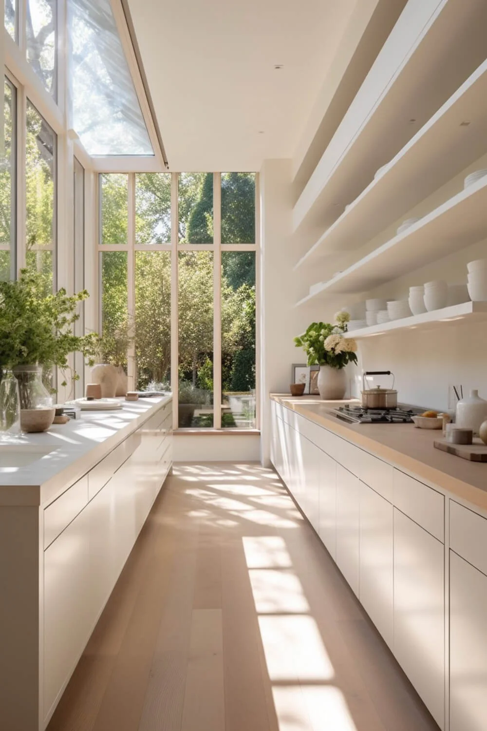 A white galley kitchen with lower cabinets and drawers. Against one wall is a set of large windows and against the other wall are white floating shelves