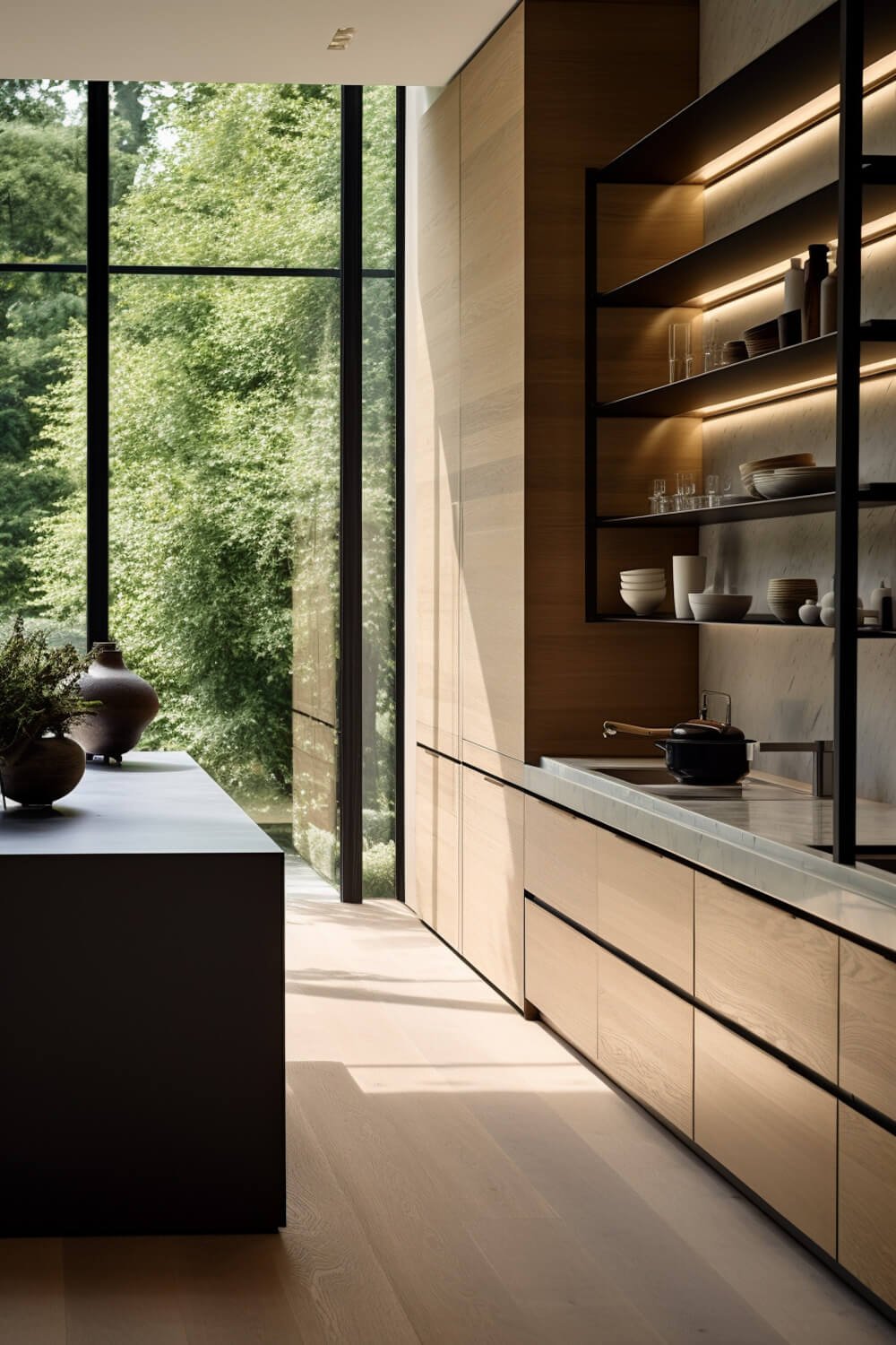 wood kitchen cabinets and drawers without handles, floor to ceiling black windows, black open shelving, natural wood floors, marble or quartz countertops, waterfall island edge, modern style