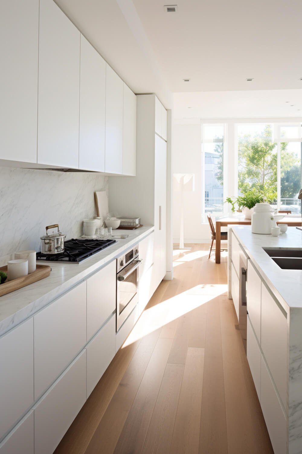 modern kitchen with drawers and cabinets without handles, natural wood floors, quartz countertops and backsplash, waterfall island edge