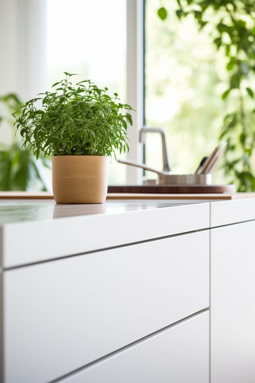 close up photo of plant on kitchen countertop, modern style white kitchen drawers without handles