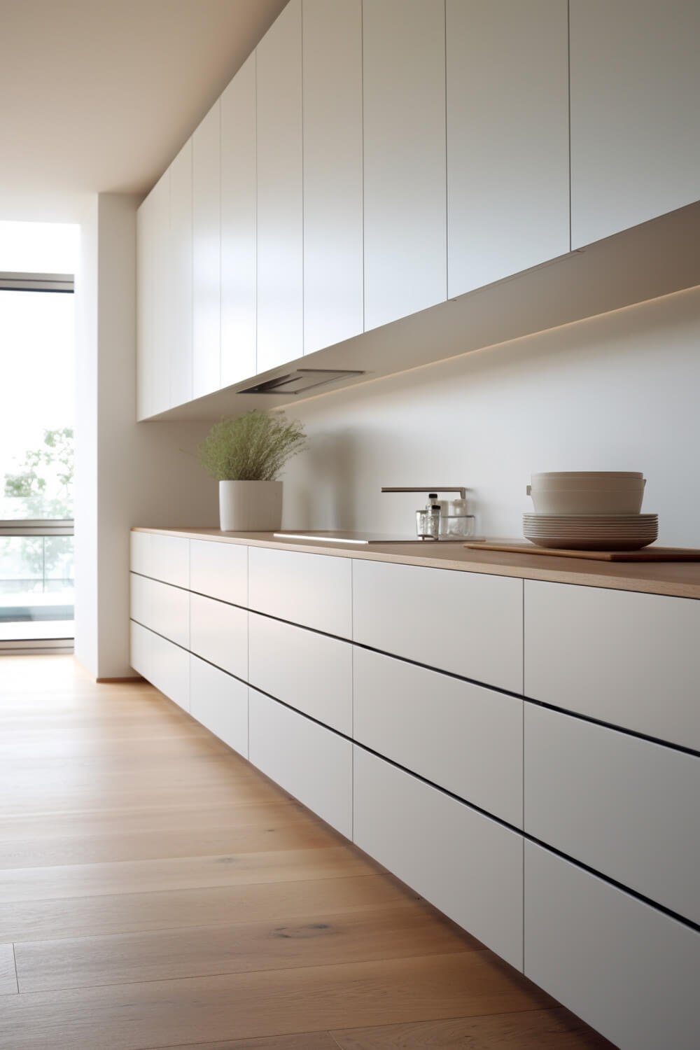 modern white kitchen drawers and cabinets without handles, natural wood floors, wood countertops