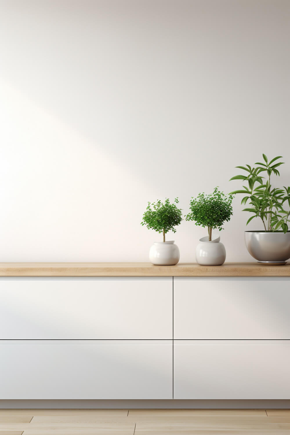 simple white kitchen drawers without handles and butcherblock countertop, three plants in pots on countertop, white walls, natural wood floors, modern style