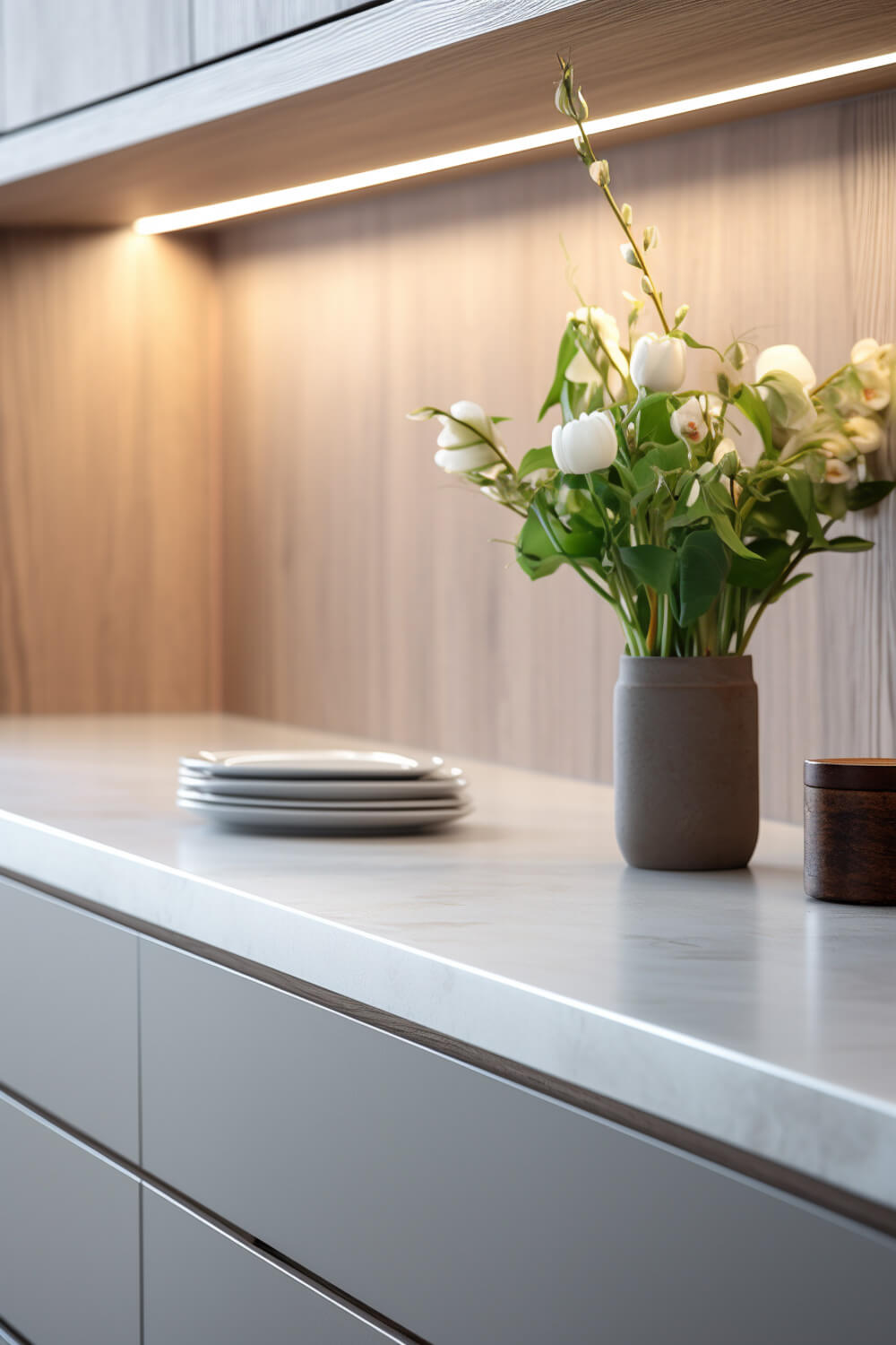 grey kitchen drawers without handles and quartz countertops, wood backsplash, transitional-modern style