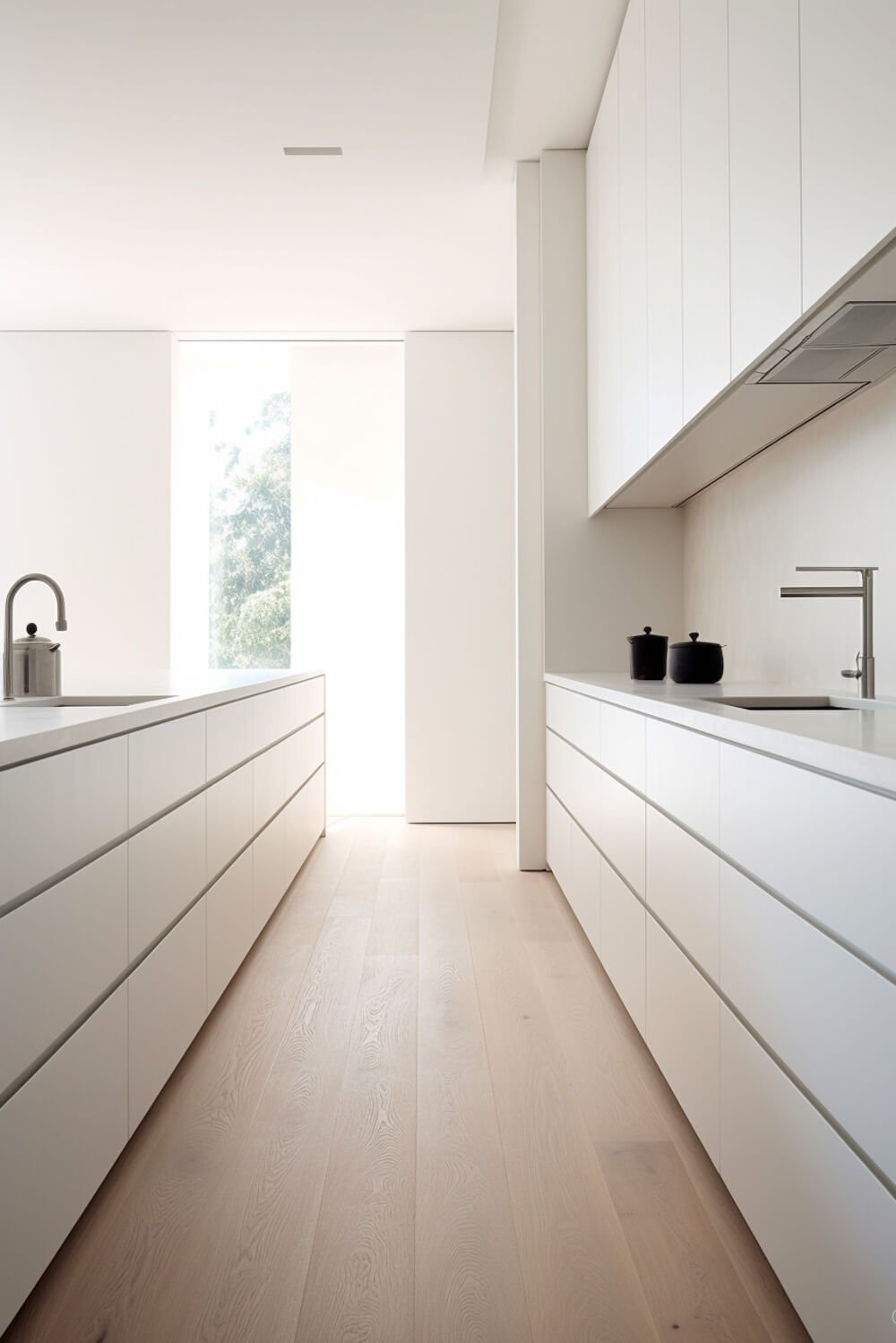 white kitchen cabinets and drawers without handles, natural wood floors, marble or quartz countertops, modern style