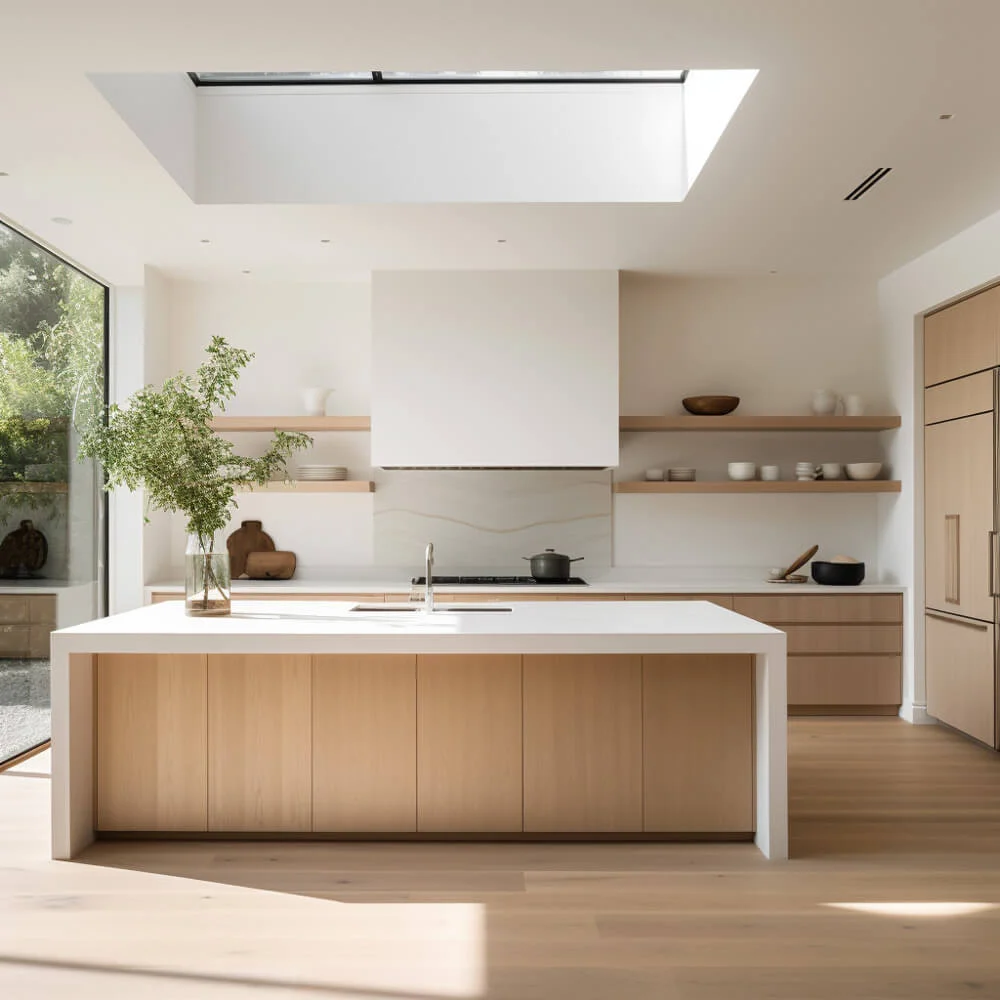 remodeled modern kitchen with white plaster hood and wood cabinets and drawers, open shelving, and wood floors