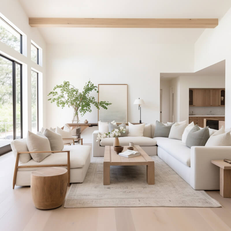 Long living room ideas for an open floor plan. A neutral sectional faces a chair with a wooden coffee table in between creating a cozy space.
