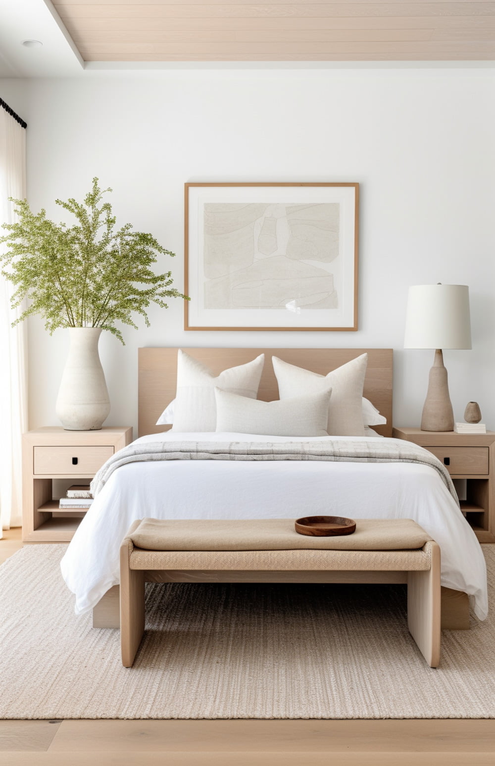 Neutral guest bedroom with bed in the center and neutral bedroom decor. Wooden nightstands flank each side of the bed and a tan upholstered bench sits at the foot of the bed.