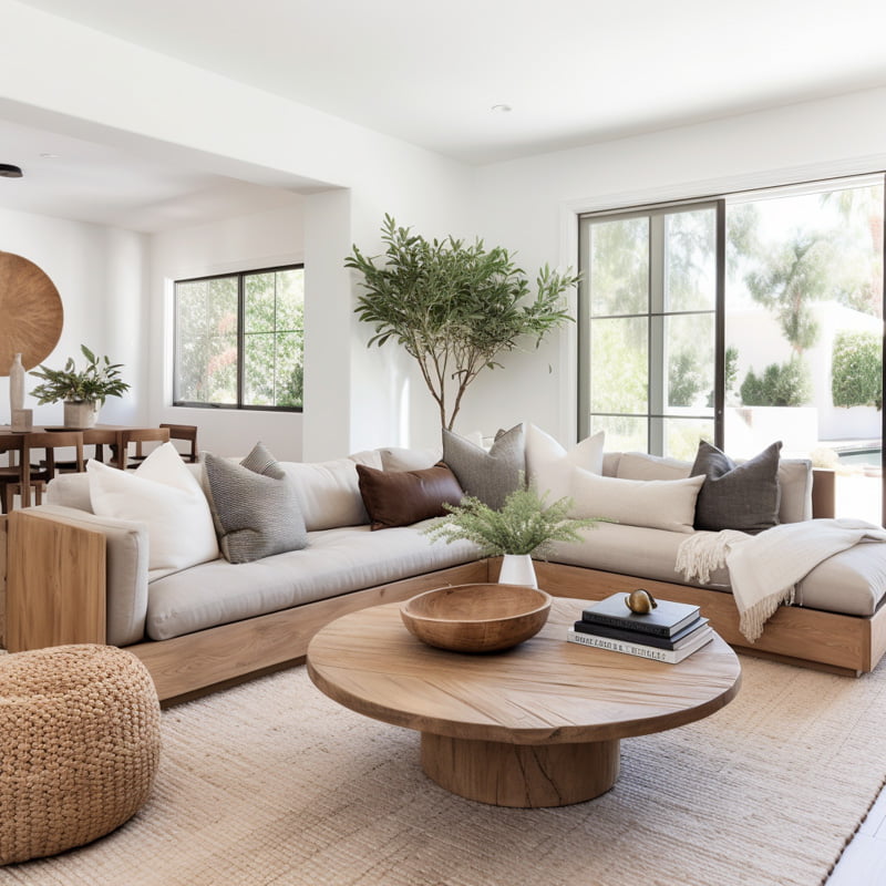 A modern wooden and upholstered couch sit on a neutral area rug in a living room with a round wooden coffee table. An indoor tree sits in the corner. 