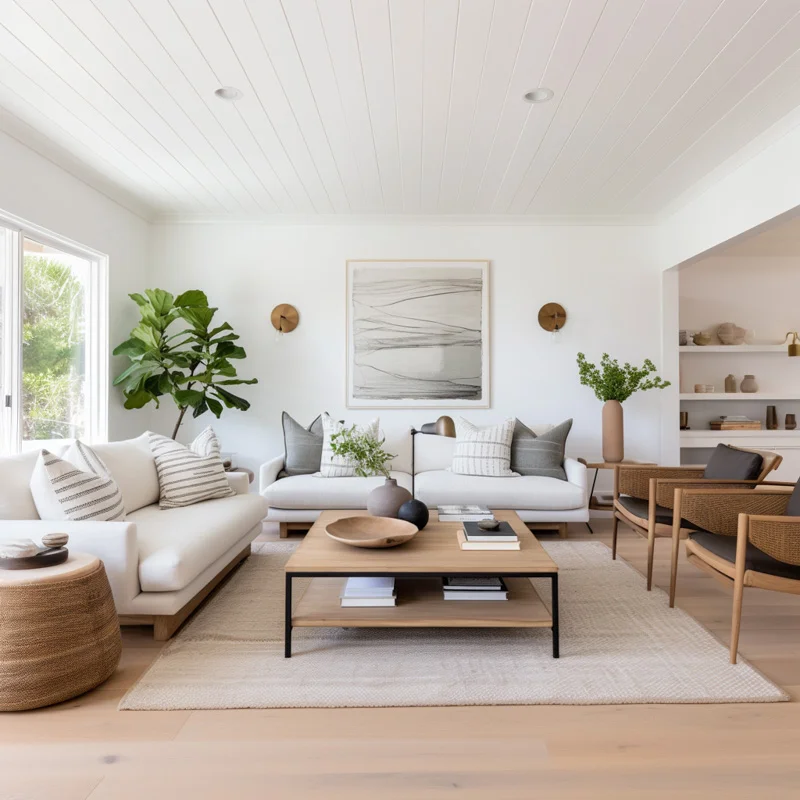Two neutral sofas and two accent chairs surround a square, wooden coffee table  in this long living room layout. A large piece of art hangs above one of the sofas. 