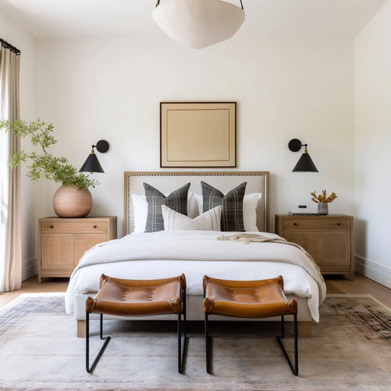 Guest bedroom ideas. Upholstered bed with wooden nightstands on each side of the bed and two square leather benches at the end of the bed. 