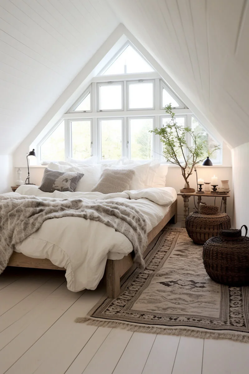 A cozy made bed with large windows above it, two wooden nightstands on either side of the bed and two woven baskets on one side of the bed