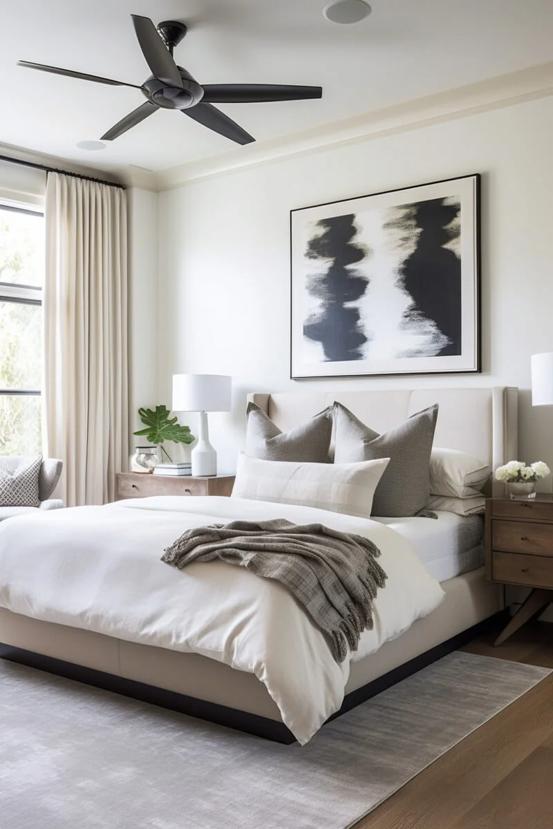 Luxurious hotel style bedroom with upholstered bed and wooden night stands on either side of the bed.