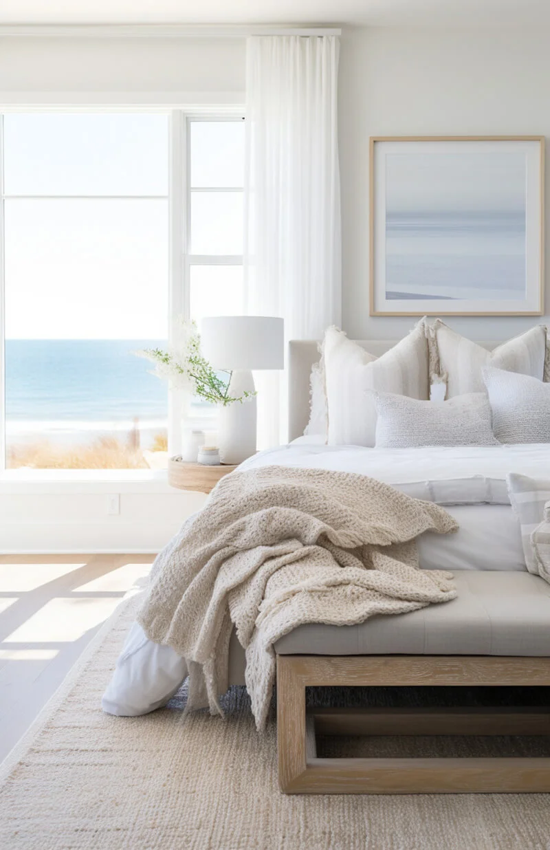 Luxurious hotel-style upholstered bed with artwork above the bed. A large window to one side of the bed. 