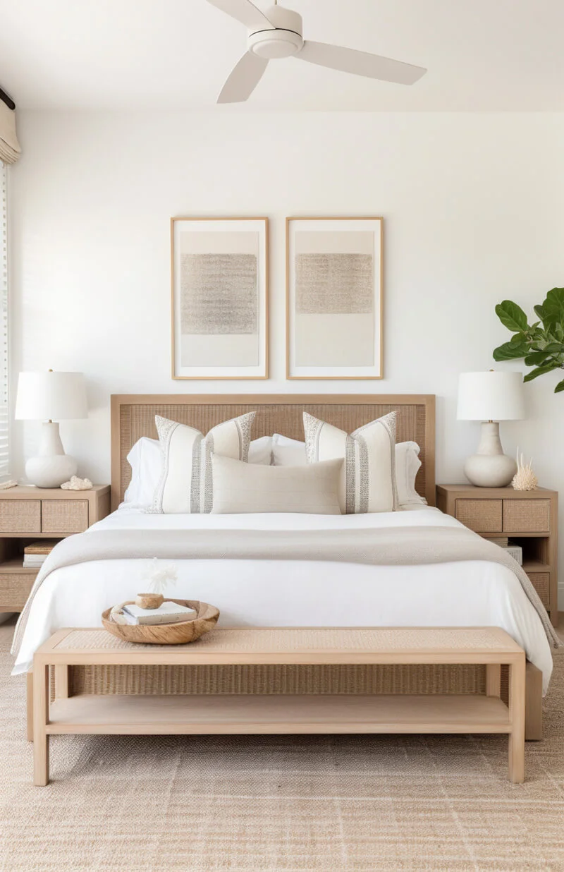 A traditionally made bed with a bench on the end and two matching wooden nightstands on either side, made up to look like a luxury hotel bedroom.