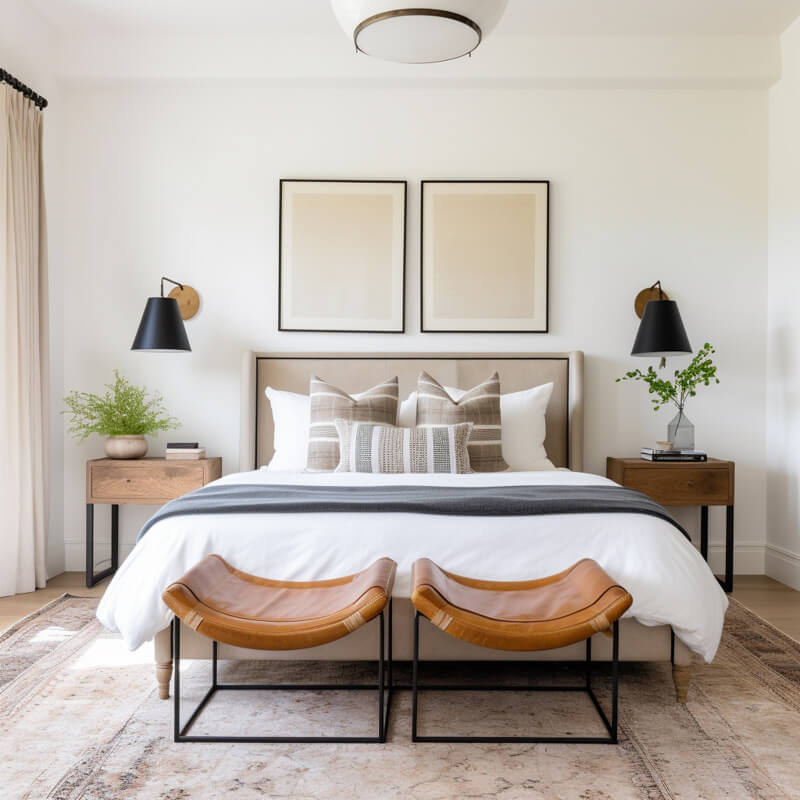 A traditionally upholstered bed with two pieces of art above it. Two square leather stools are at the foot of the bed and two wooden nightstands are on either side of the bed with wall sconces hanging above them. 