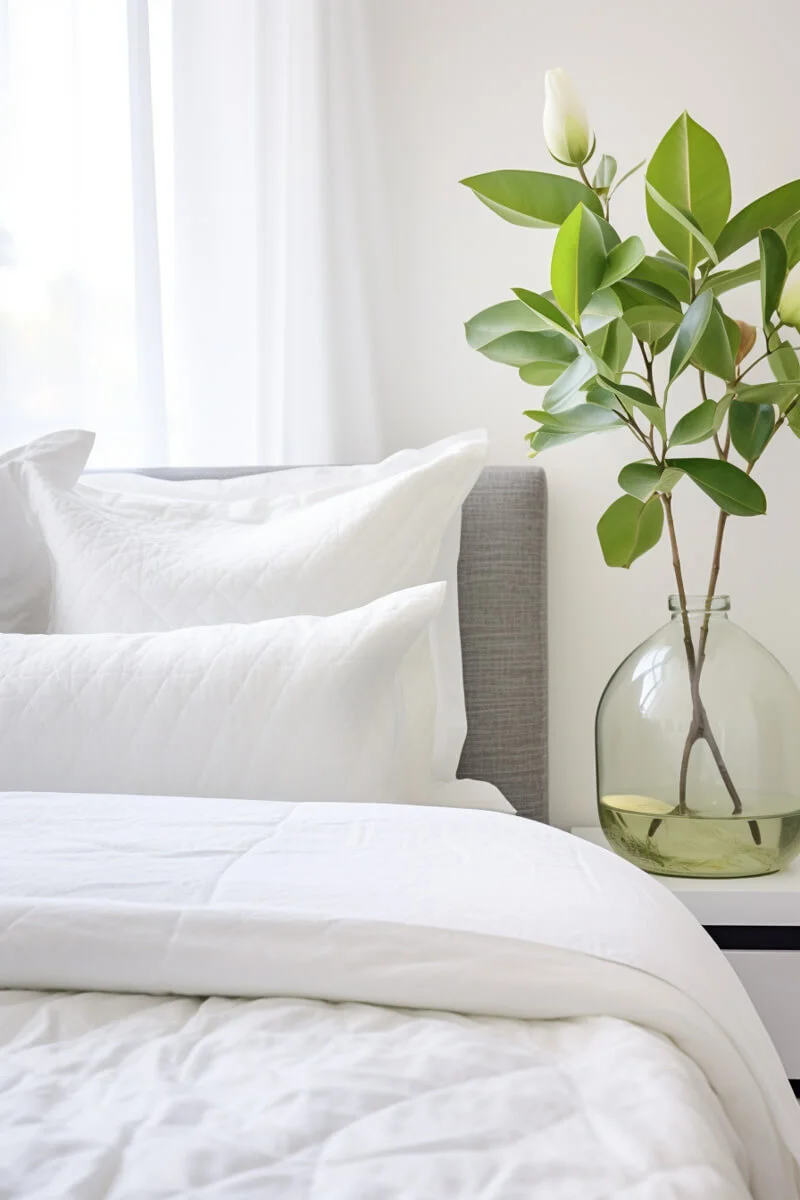 White bedding with a white nightstand and a plant on top of the nightstand.