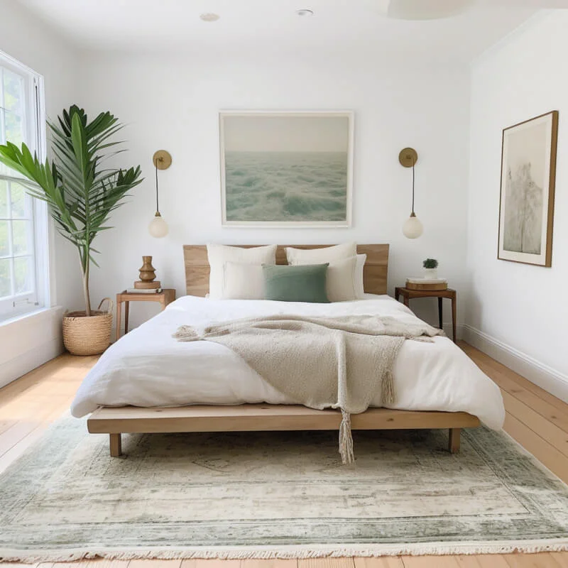 Hotel like bedroom with wooden bedframe and wooden nightstands. Two pendant lights hang from the wall. 