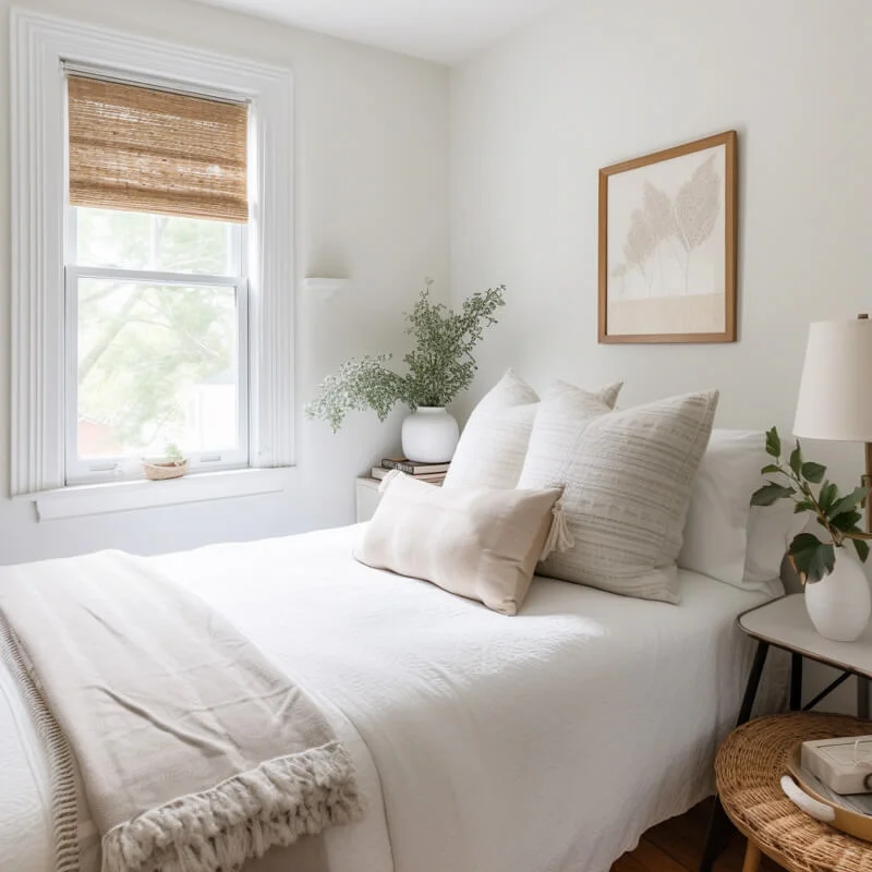 A small bed with neutral bedding and a piece of artwork above the bed.