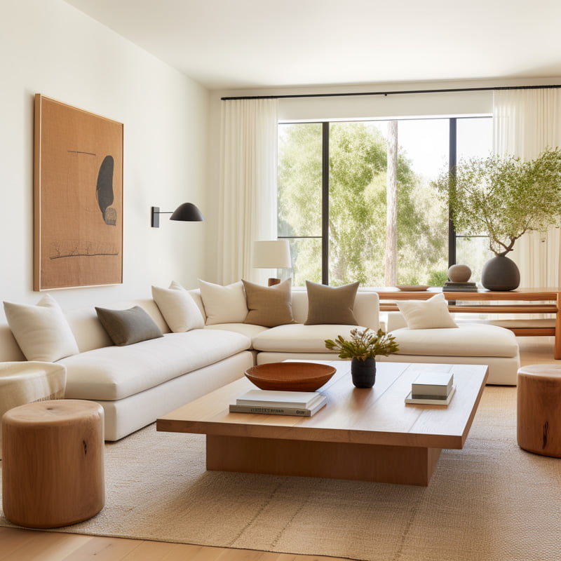 A light and airy living room with a large white couch and square wooden coffee table. A large piece of art hangs on the wall and another wall has a large window on it. A large neutral rug is placed under the furniture. 