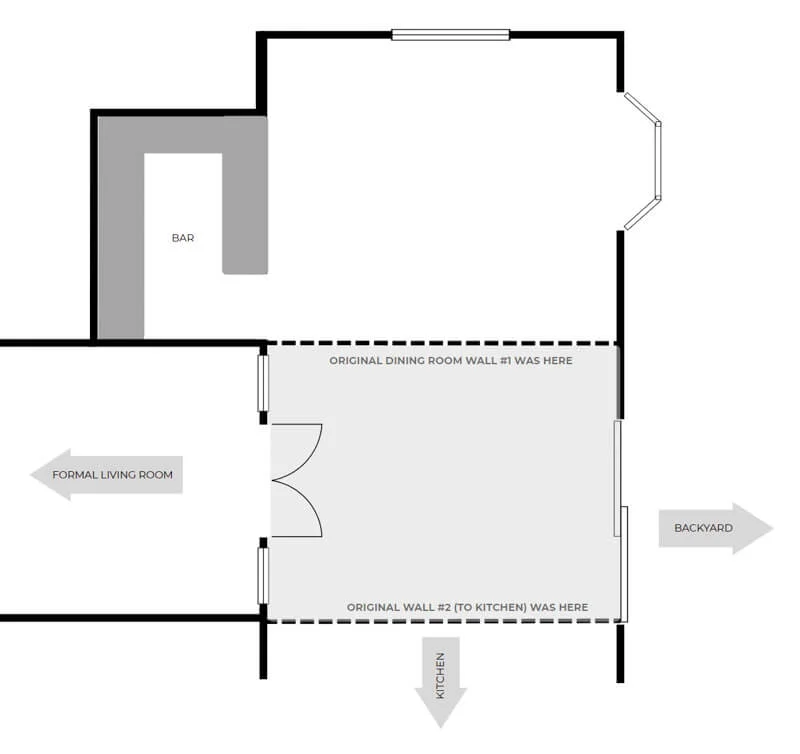 Floorplan showing the original house and the addition that added the long living room layout