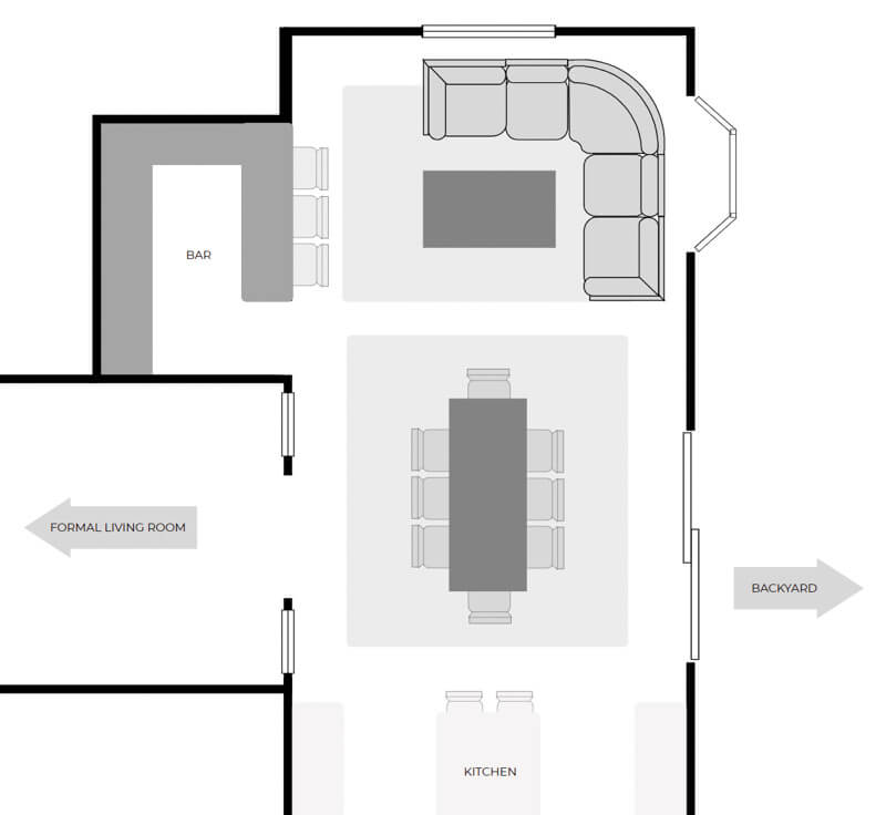 Floor plan of a long living room layout with sectional and dining room space.