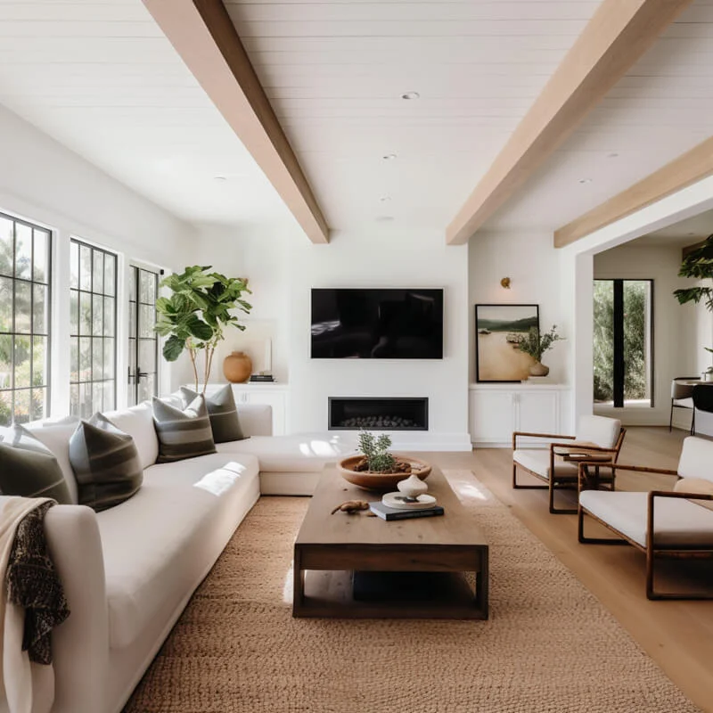 Narrow, rectangular living room. White fireplace with TV above it and built-ins on either side. Long, white sofa with chaise. Wooden rectangular coffee table and two accent chairs.