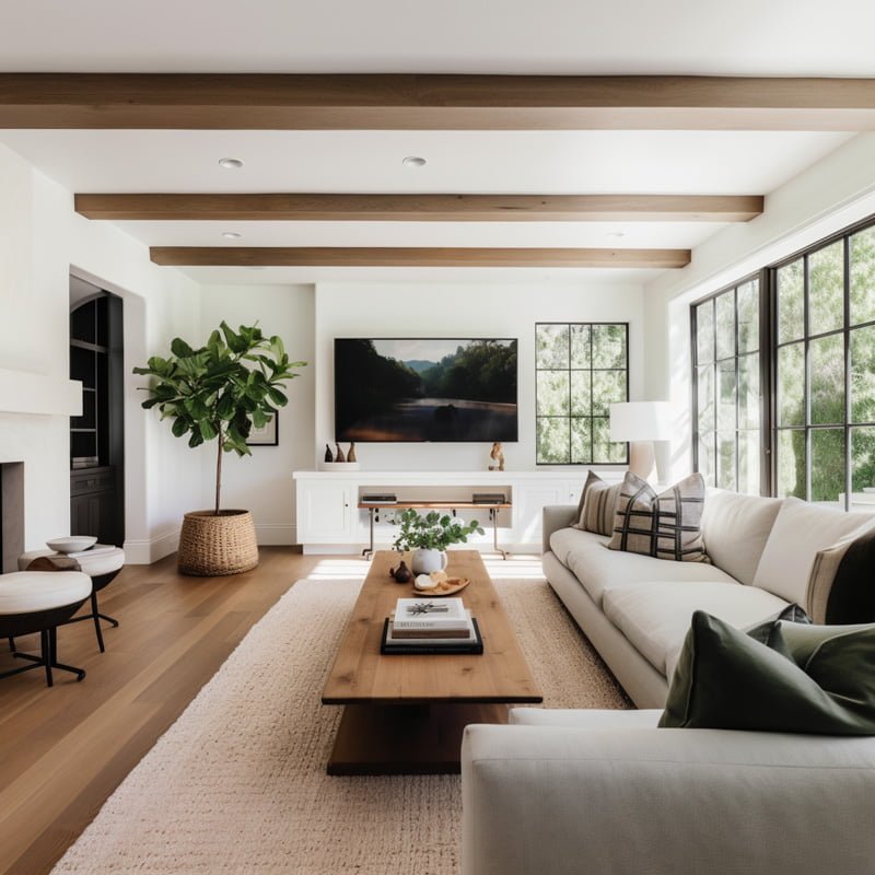 A rectangular long living room with TV and fireplace. Ceiling with wooden beams. Decorated with a white sofa and neutral colors