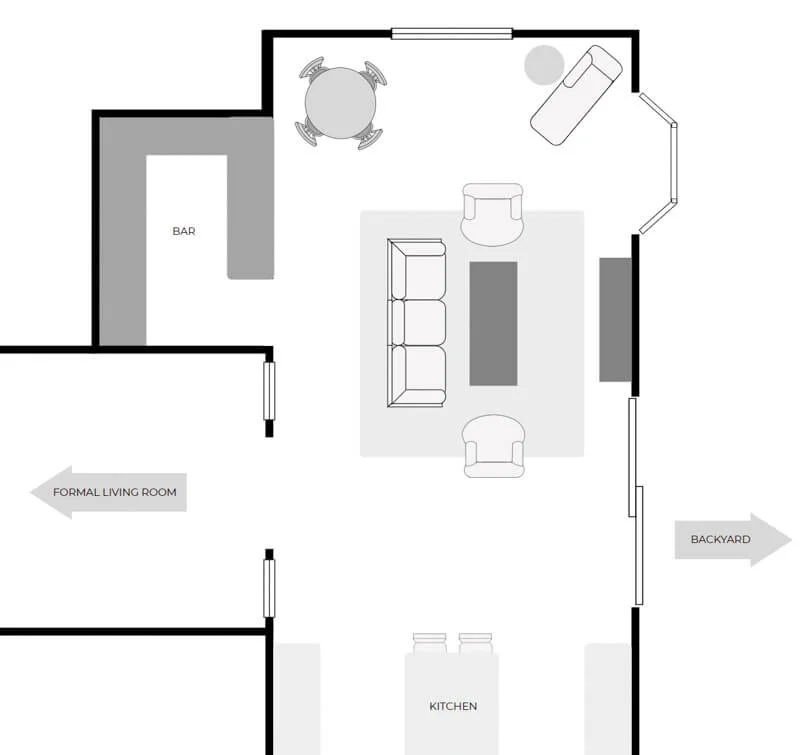 Floor plan showing a long living room layout. This rectangular space has one long living room idea