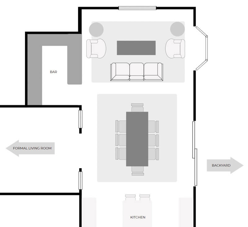 Long living room ideas. Showing a floor plan of a narrow, rectangular room with a living room and dining room.
