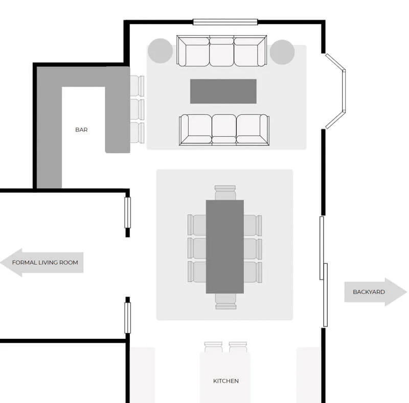 Floor plan of a long living room with both a living room and a dining room in the narrow, rectangular space.