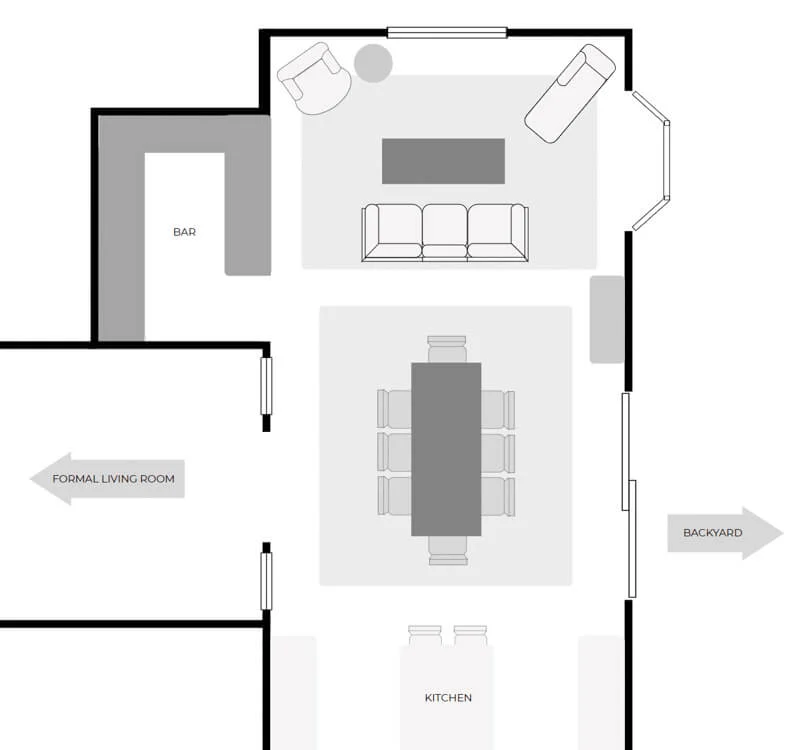 Floor plan showing a long living room layout with two zones. A living room and a dining room.