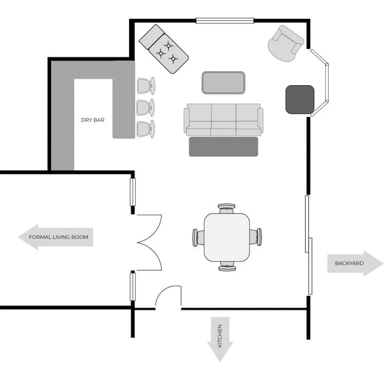 Floor plan of a long living room idea complete with furniture. 