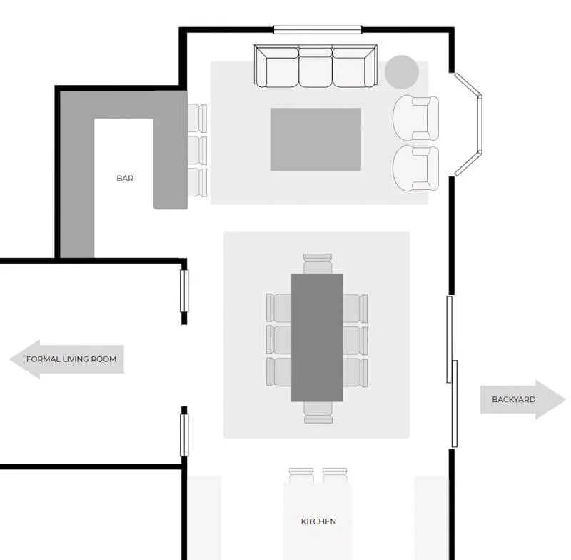 Floor plan of a narrow, rectangular, living room with both a living room and dining room in the space.
