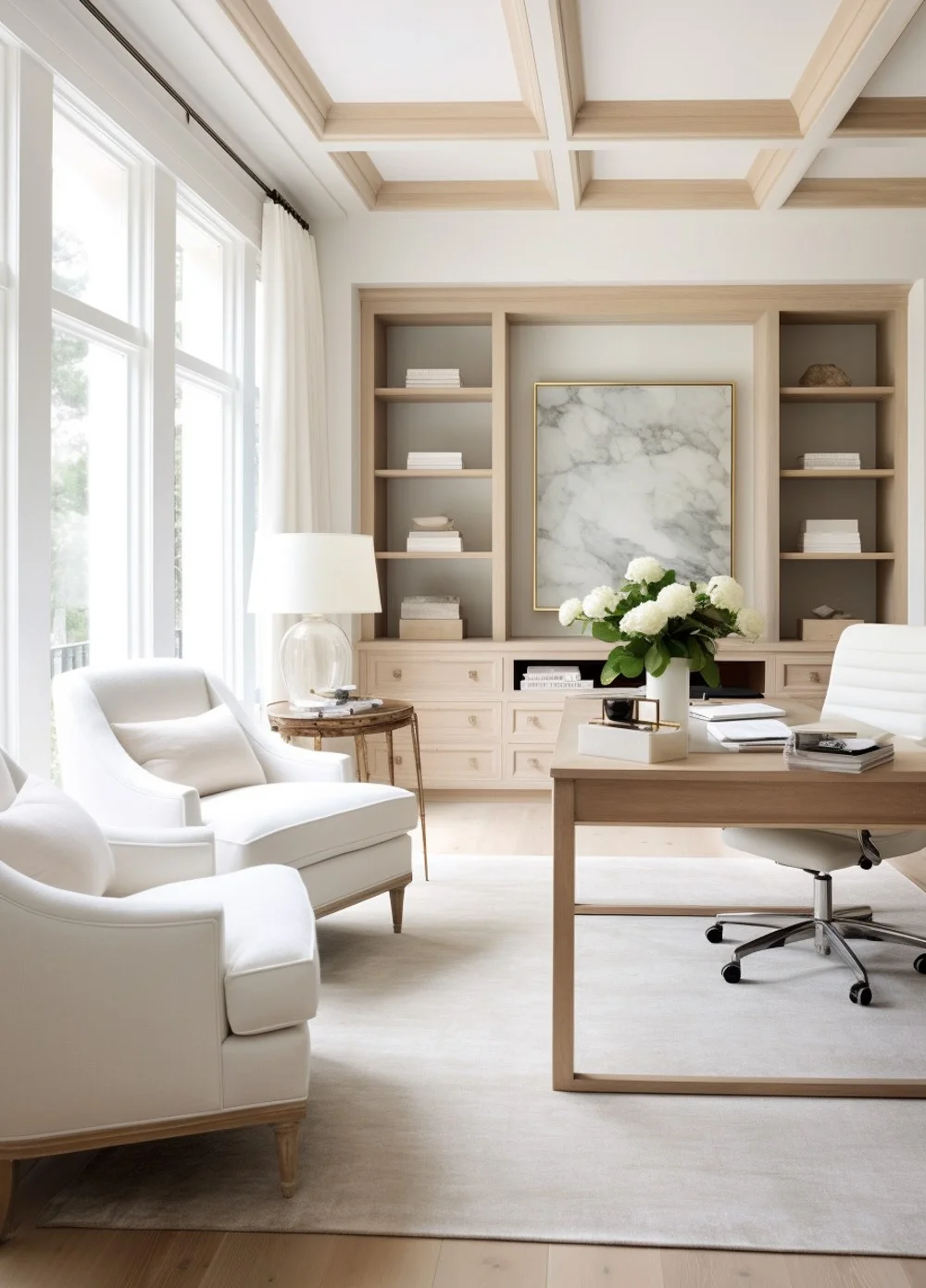 Guest bedroom and office combined. Wooden built ins with wooden desk and two white chairs. 