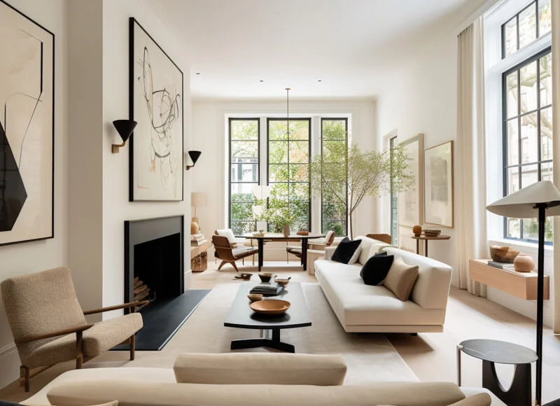 Long living room layout with two zones. One zone has a long rectangular sofa with a wooden coffee table facing a beautiful black fireplace with a large-scale piece of art above it. Another zone has a table and chairs in front of large windows. 