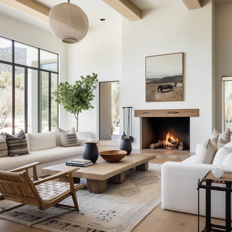 A long living room layout decorated with neutral colors. Rectangular wooden coffee table with white sofas and a large fireplace.