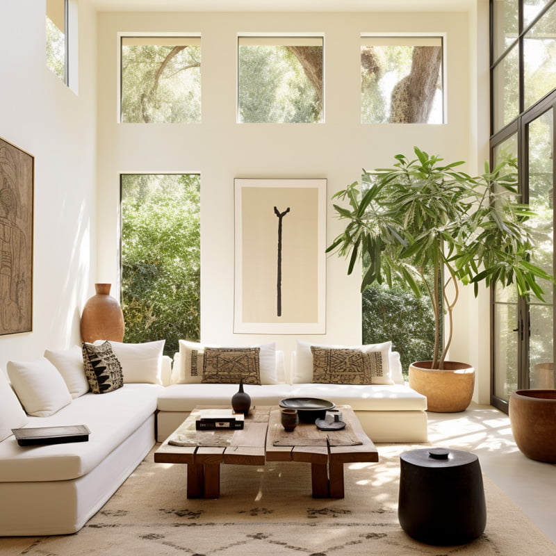Two story light and airy living room with a large indoor tree in the corner. A large white sectional sofa sits on top of a neutral patterned rug with a large wooden coffee table on top. 