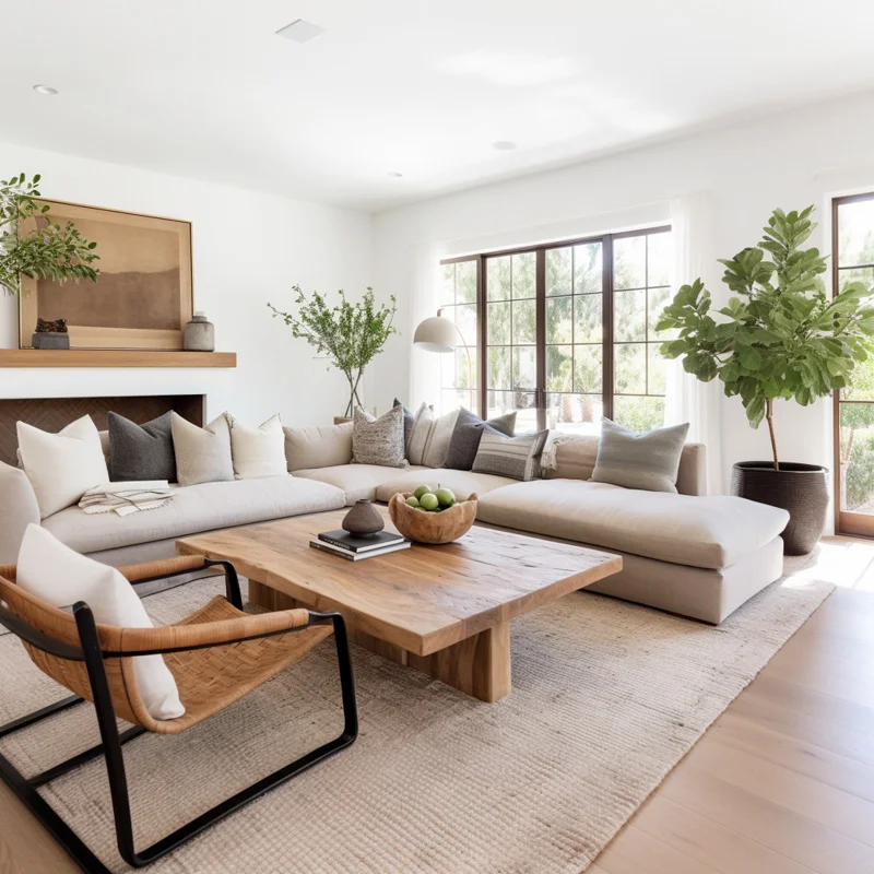 Large living room with large neutral living room rug and a large sectional sofa. A large wall of windows and a traditional white fireplace are also in the room. 