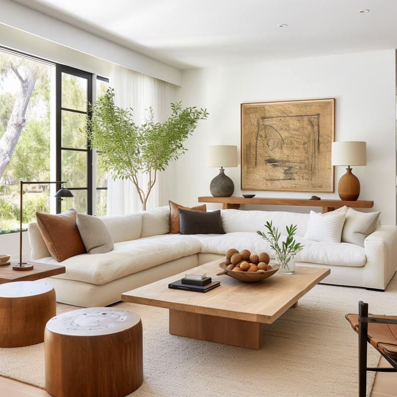 A modern, organic living room with a large white sofa floating in the middle of the room on a large neutral rug. A wooden coffee table is on top of the rug. A large wall of windows is on one wall and another wall has a large piece of art on it. 