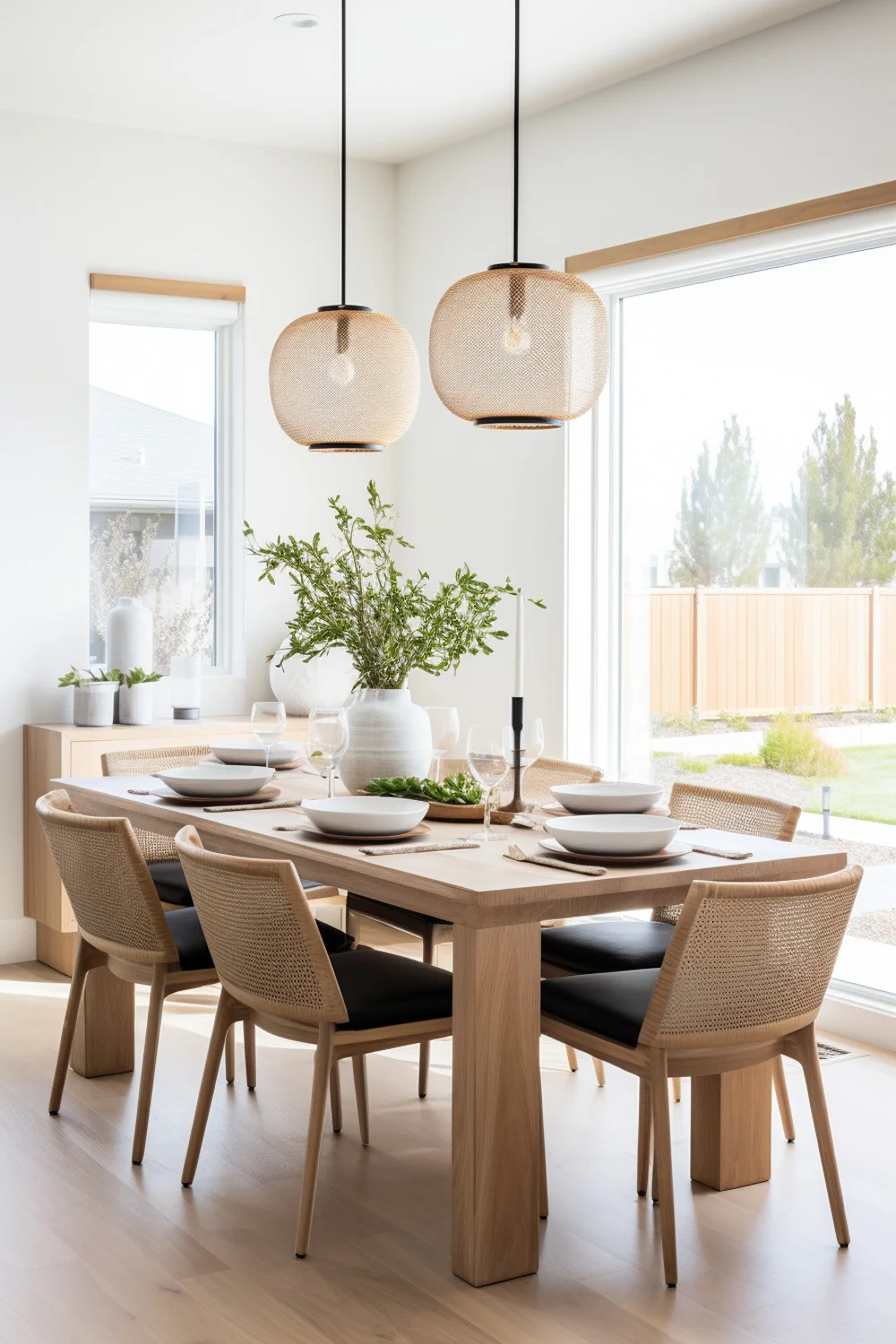 wood dining room with wooden table, cane chairs, and two pendants, transitional modern style with vase centerpiece