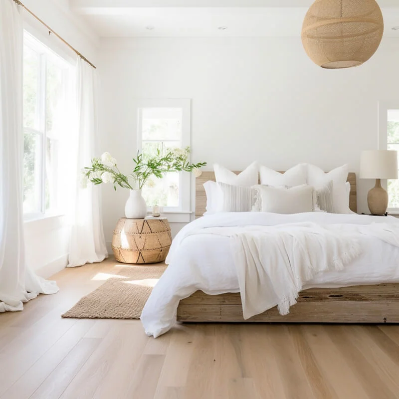 White and airy bedroom with a large bed with white bedding. 