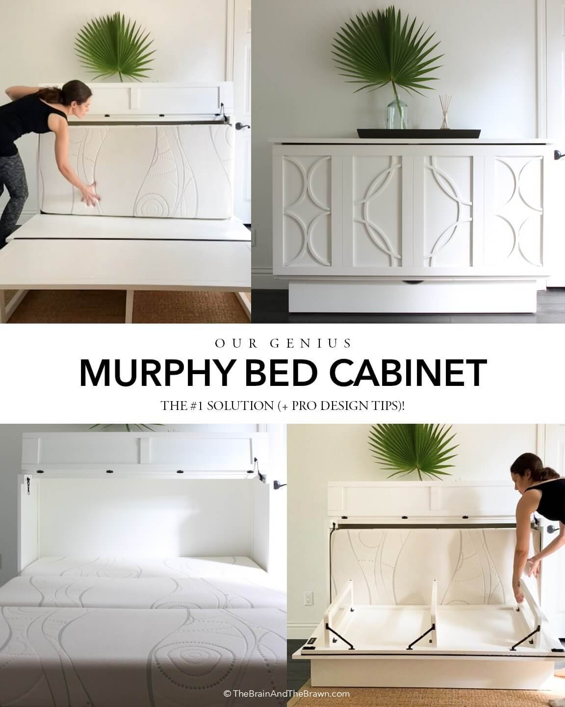 a photo showing four examples of a murphy bed cabinet layout with a woman demonstrating how it works and folds out