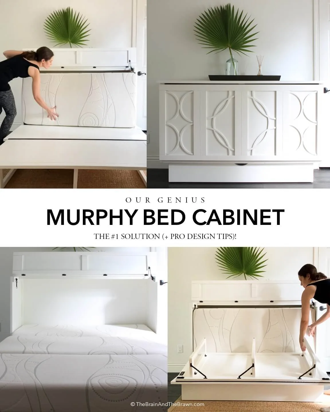 a photo showing four examples of a murphy bed cabinet layout with a woman demonstrating how it works and folds out