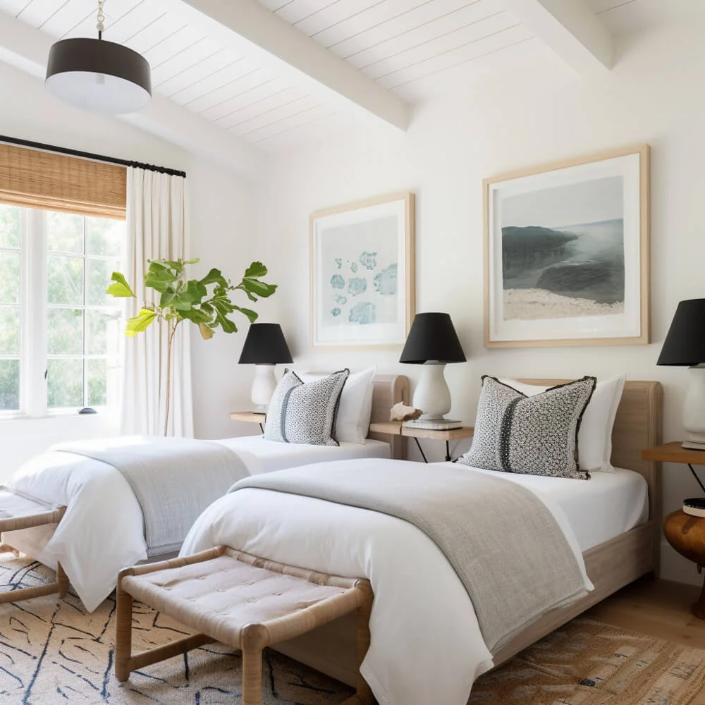 A light and airy small guest bedroom ideas. Two twin beds with large art hanging above the beds and two matching benches on the end of the beds.