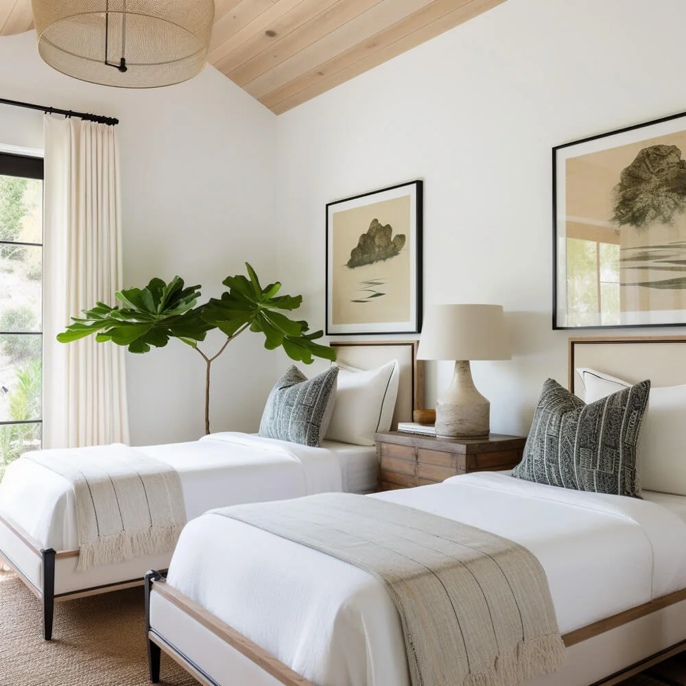 Small guest bedroom layout with two twin beds with neutral bedding and greenery in one corner of the room.