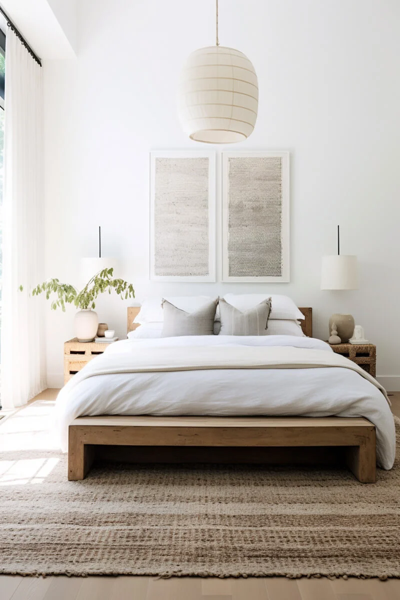 Light and airy guest bedroom with large art above a wooden bed and sconces hanging from the wall. A woven rug lays on the floor